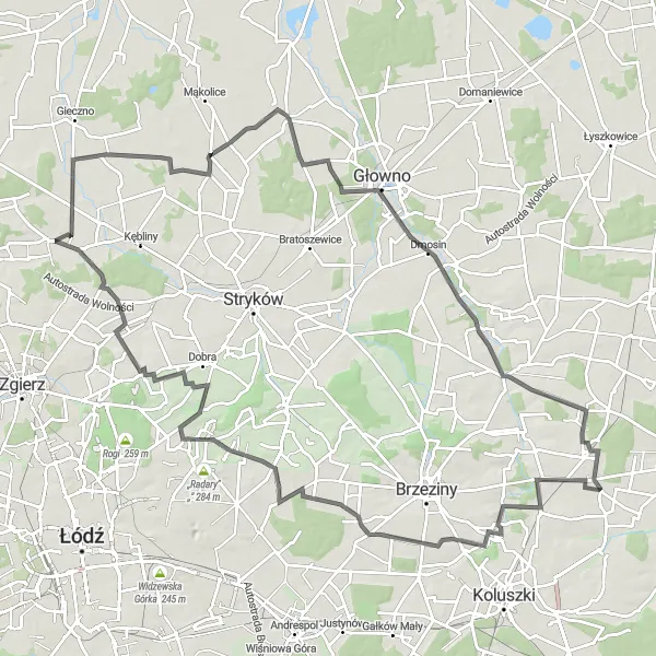 Map miniature of "Tworzyjanki to Kołacin: A Panoramic Cycling Adventure" cycling inspiration in Łódzkie, Poland. Generated by Tarmacs.app cycling route planner