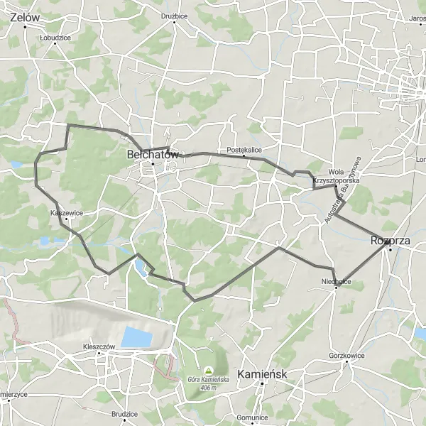 Map miniature of "The Breathtaking Road to Bełchatów" cycling inspiration in Łódzkie, Poland. Generated by Tarmacs.app cycling route planner