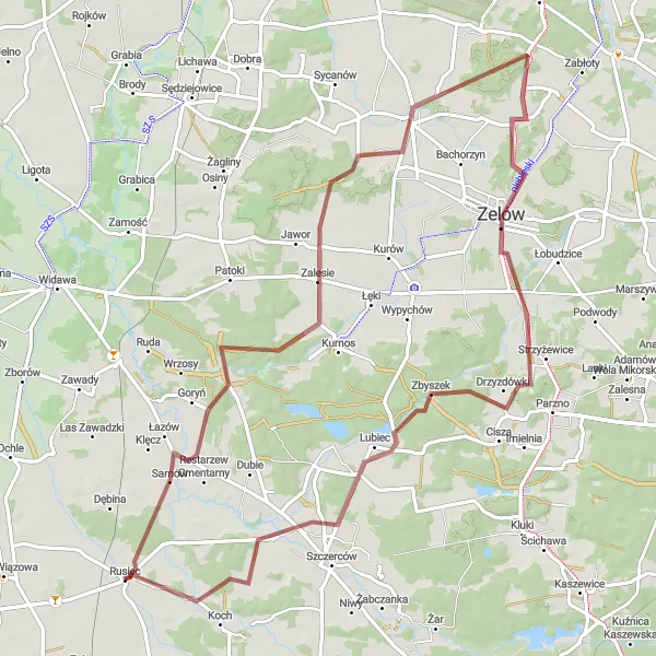 Map miniature of "Rusiec to Lubiec Gravel Route" cycling inspiration in Łódzkie, Poland. Generated by Tarmacs.app cycling route planner