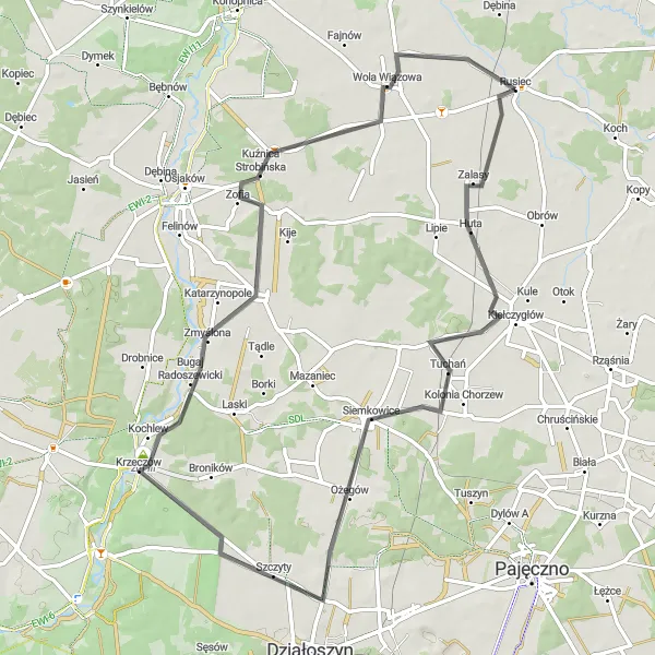 Map miniature of "The Road Cycling Expedition through Kiełczygłów and Szczyty" cycling inspiration in Łódzkie, Poland. Generated by Tarmacs.app cycling route planner