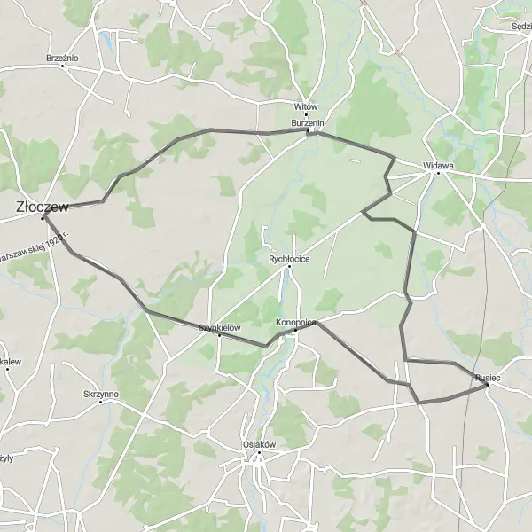 Map miniature of "Rusiec to Burzenin Loop" cycling inspiration in Łódzkie, Poland. Generated by Tarmacs.app cycling route planner