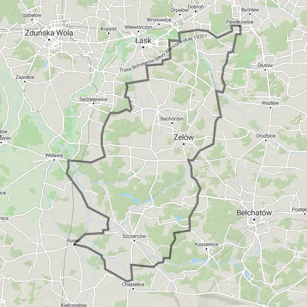 Map miniature of "The Zawady Colony Loop" cycling inspiration in Łódzkie, Poland. Generated by Tarmacs.app cycling route planner
