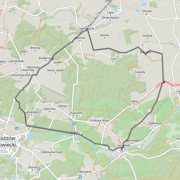 Map miniature of "Panoramic Views of Panorama Pilicy from Inowłódz and Czerniewice" cycling inspiration in Łódzkie, Poland. Generated by Tarmacs.app cycling route planner