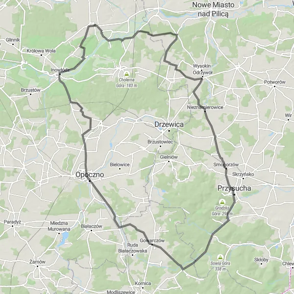 Map miniature of "Exploring the Charms of Smogorzów, Janów, Borowa Góra, and Panorama Pilicy Lookout" cycling inspiration in Łódzkie, Poland. Generated by Tarmacs.app cycling route planner