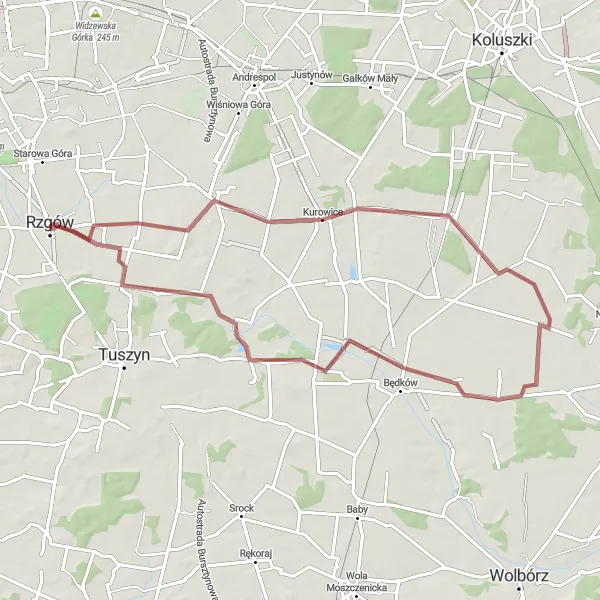 Map miniature of "Through Picturesque Rural Landscapes" cycling inspiration in Łódzkie, Poland. Generated by Tarmacs.app cycling route planner