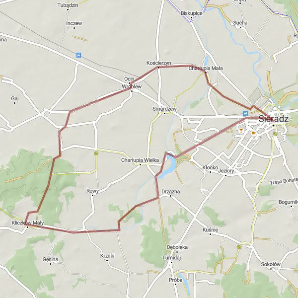 Map miniature of "Kliczków Mały to Sieradz Gravel Loop" cycling inspiration in Łódzkie, Poland. Generated by Tarmacs.app cycling route planner