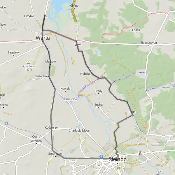 Map miniature of "The Warta Valley Road Adventure" cycling inspiration in Łódzkie, Poland. Generated by Tarmacs.app cycling route planner