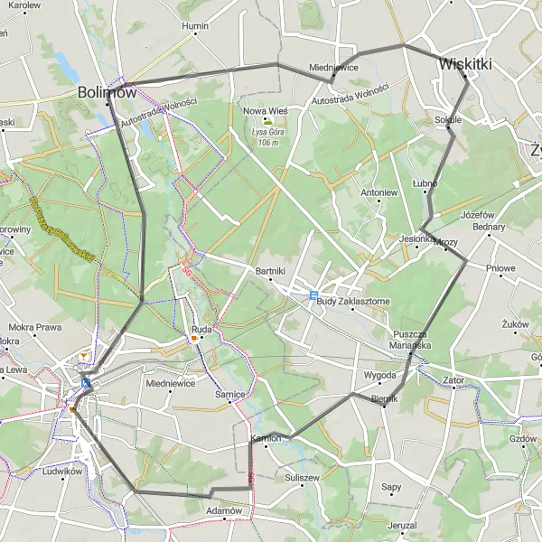 Miniatura mapy "Rowerowa wyprawa przez Puszczę Mariańską i Zalew Skierniewicki" - trasy rowerowej w Łódzkie, Poland. Wygenerowane przez planer tras rowerowych Tarmacs.app