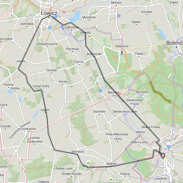 Map miniature of "Road Cycling Adventure to Mysia Góra and Arkadia" cycling inspiration in Łódzkie, Poland. Generated by Tarmacs.app cycling route planner