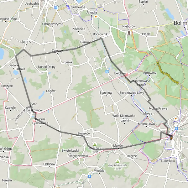 Map miniature of "Mysia Góra and Bobrowniki Route" cycling inspiration in Łódzkie, Poland. Generated by Tarmacs.app cycling route planner