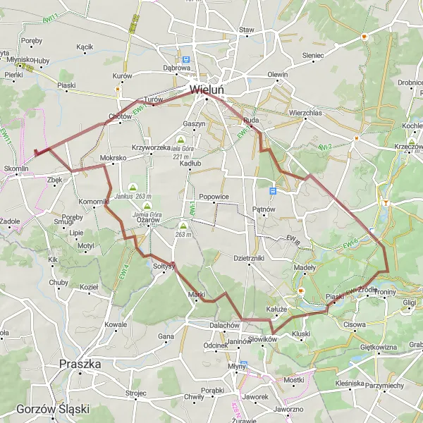 Map miniature of "Scenic Gravel Bike Tour around Skomlin" cycling inspiration in Łódzkie, Poland. Generated by Tarmacs.app cycling route planner