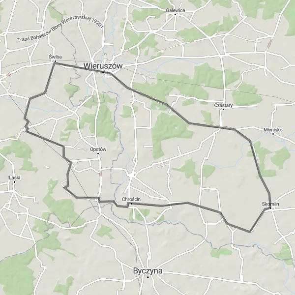 Map miniature of "Scenic Route to Wieruszów" cycling inspiration in Łódzkie, Poland. Generated by Tarmacs.app cycling route planner