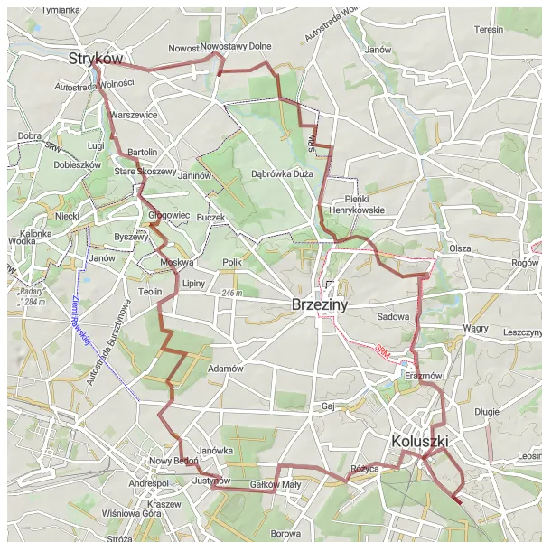 Map miniature of "Stryków Gravel Loop" cycling inspiration in Łódzkie, Poland. Generated by Tarmacs.app cycling route planner