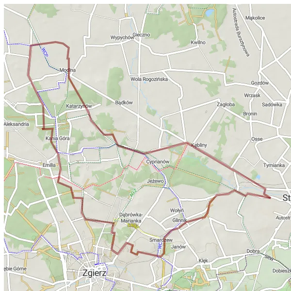 Map miniature of "Stryków Gravel Adventure" cycling inspiration in Łódzkie, Poland. Generated by Tarmacs.app cycling route planner