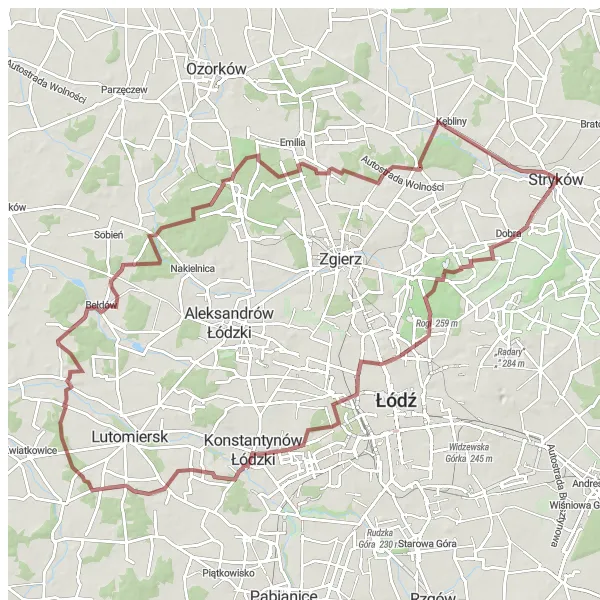 Map miniature of "Scenic Gravel Ride from Stryków" cycling inspiration in Łódzkie, Poland. Generated by Tarmacs.app cycling route planner