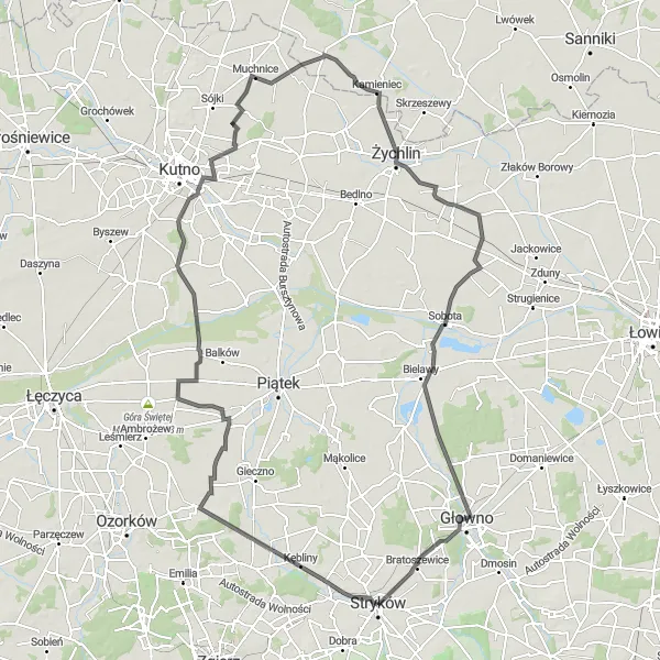 Map miniature of "The Geodezyjne Challenge" cycling inspiration in Łódzkie, Poland. Generated by Tarmacs.app cycling route planner