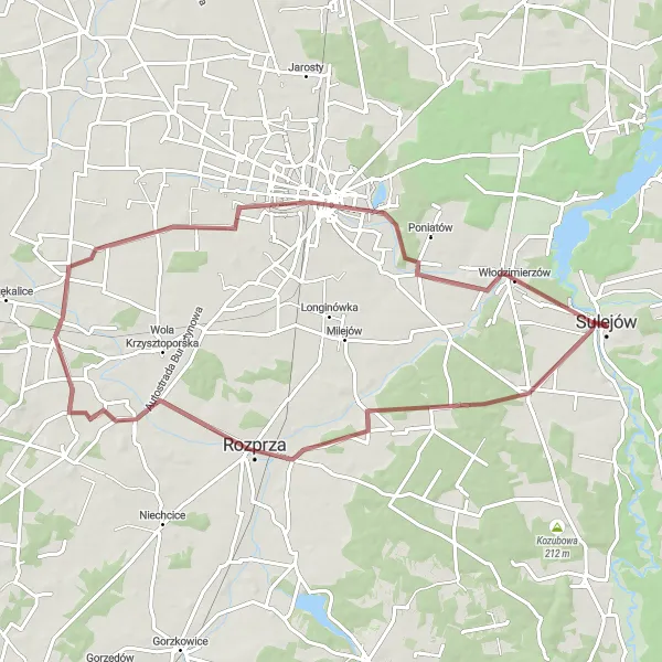 Map miniature of "Gravel Adventure around Sulejów" cycling inspiration in Łódzkie, Poland. Generated by Tarmacs.app cycling route planner