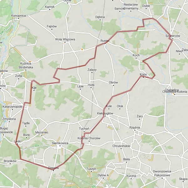 Miniatura mapy "Szczerców - Kiełczygłów - Rusiec" - trasy rowerowej w Łódzkie, Poland. Wygenerowane przez planer tras rowerowych Tarmacs.app