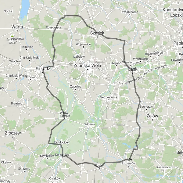 Miniatura mapy "Szczerców - Łask - Lubiec" - trasy rowerowej w Łódzkie, Poland. Wygenerowane przez planer tras rowerowych Tarmacs.app