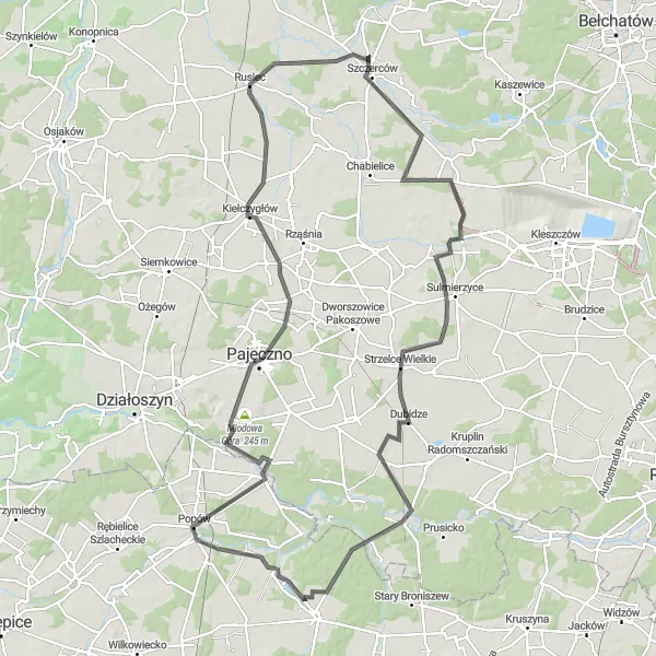 Map miniature of "Szczerców to Rusiec Loop" cycling inspiration in Łódzkie, Poland. Generated by Tarmacs.app cycling route planner