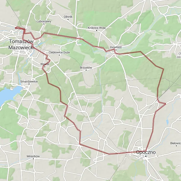 Map miniature of "Spała Loop" cycling inspiration in Łódzkie, Poland. Generated by Tarmacs.app cycling route planner