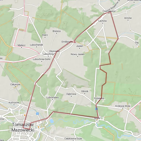 Map miniature of "The Gravel Escape" cycling inspiration in Łódzkie, Poland. Generated by Tarmacs.app cycling route planner