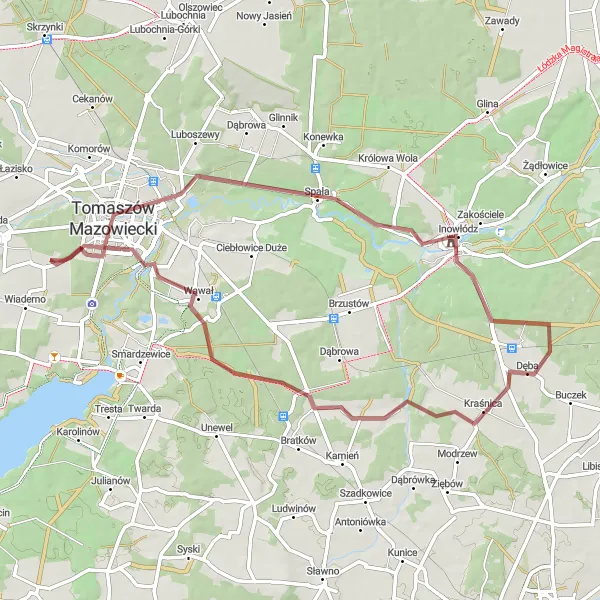 Map miniature of "Tomaszów Mazowiecki and Panorama of Pilica Trail" cycling inspiration in Łódzkie, Poland. Generated by Tarmacs.app cycling route planner