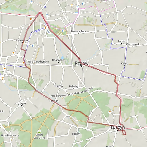 Map miniature of "Discover the Charm of Rural Gravel Trails" cycling inspiration in Łódzkie, Poland. Generated by Tarmacs.app cycling route planner