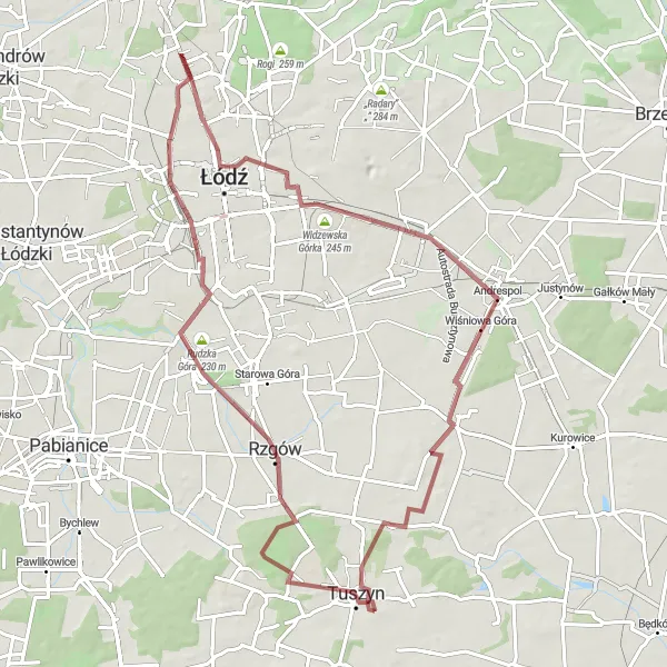 Map miniature of "Gravel Adventure in Łódzkie Wilderness" cycling inspiration in Łódzkie, Poland. Generated by Tarmacs.app cycling route planner