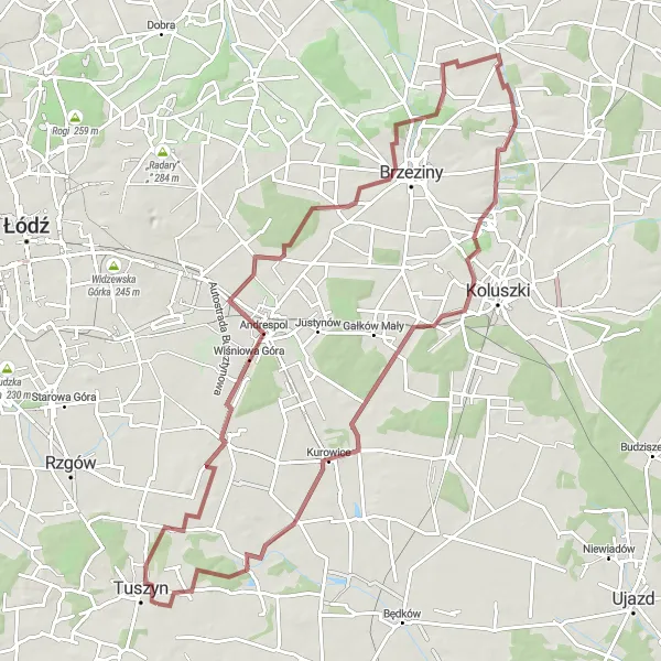 Map miniature of "A Gravel Route through Natural Beauty" cycling inspiration in Łódzkie, Poland. Generated by Tarmacs.app cycling route planner