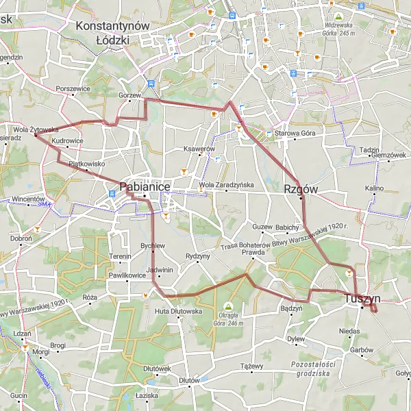 Map miniature of "Gravel Route with Historic Charm" cycling inspiration in Łódzkie, Poland. Generated by Tarmacs.app cycling route planner