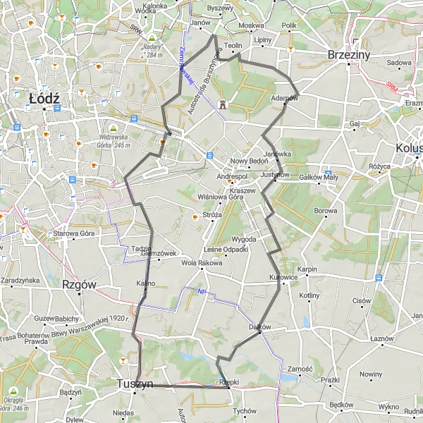 Map miniature of "Łódzkie Countryside Escape" cycling inspiration in Łódzkie, Poland. Generated by Tarmacs.app cycling route planner