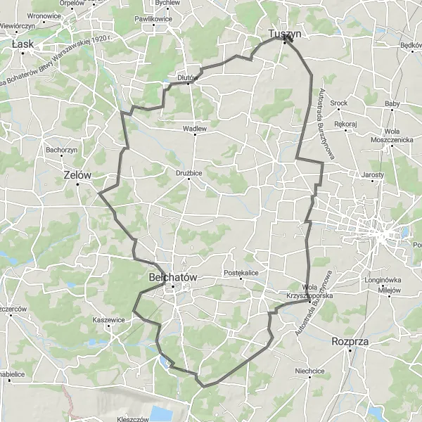 Map miniature of "Ultimate Challenge: Łódzkie Road Marathon" cycling inspiration in Łódzkie, Poland. Generated by Tarmacs.app cycling route planner