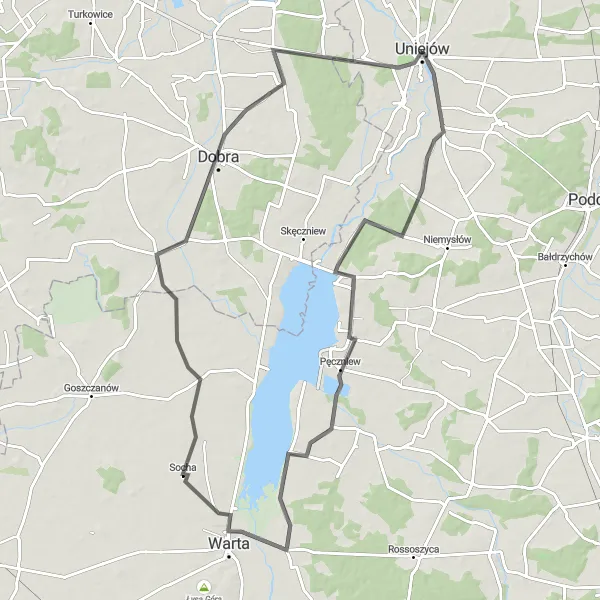 Map miniature of "Uniejów and Lubola Loop" cycling inspiration in Łódzkie, Poland. Generated by Tarmacs.app cycling route planner