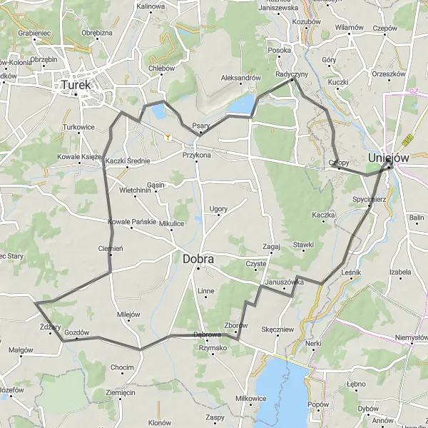 Map miniature of "Kawęczyn and Słomów Kościelny Circuit" cycling inspiration in Łódzkie, Poland. Generated by Tarmacs.app cycling route planner