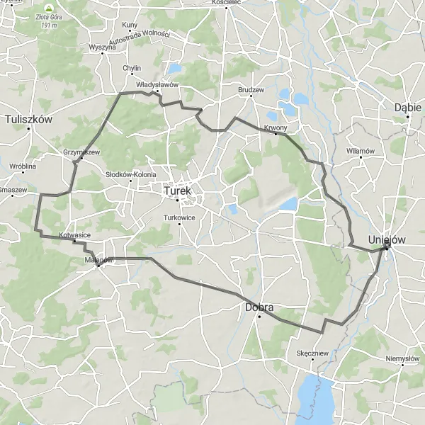 Map miniature of "Spycimierz and Człopy Adventure" cycling inspiration in Łódzkie, Poland. Generated by Tarmacs.app cycling route planner