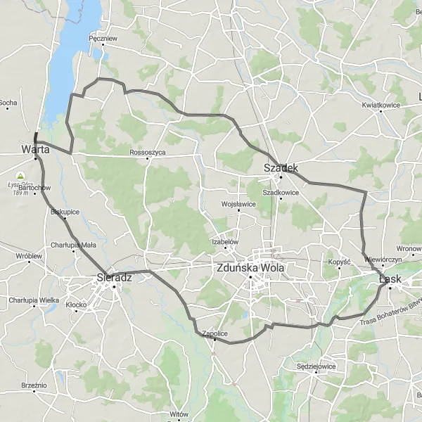 Map miniature of "Warta Historical Ride" cycling inspiration in Łódzkie, Poland. Generated by Tarmacs.app cycling route planner