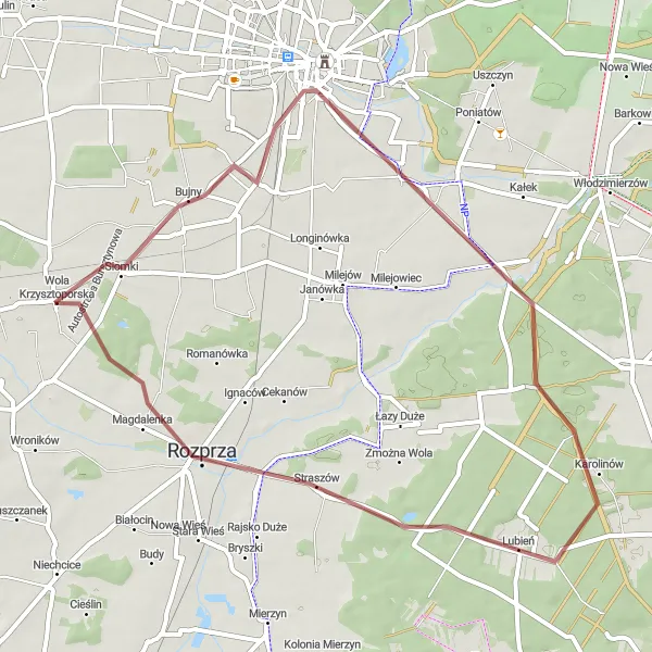 Map miniature of "Off the beaten path" cycling inspiration in Łódzkie, Poland. Generated by Tarmacs.app cycling route planner