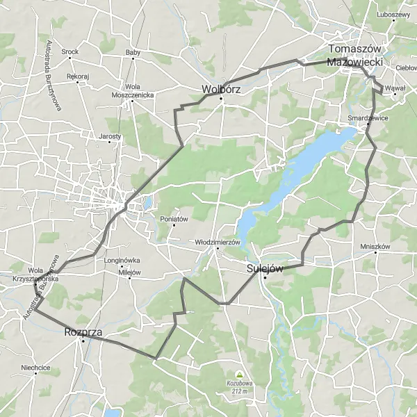 Map miniature of "Wola Krzysztoporska Pilica Road Loop" cycling inspiration in Łódzkie, Poland. Generated by Tarmacs.app cycling route planner