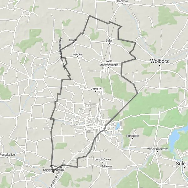 Map miniature of "Scenic Road Loop via Oprzężów" cycling inspiration in Łódzkie, Poland. Generated by Tarmacs.app cycling route planner