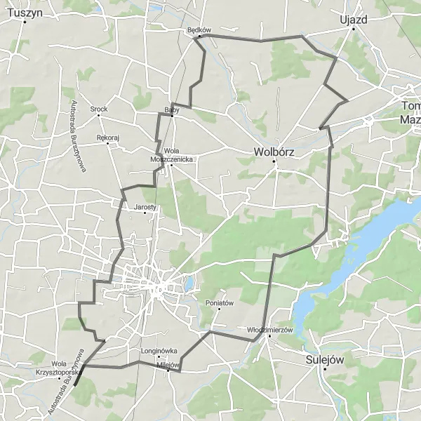 Map miniature of "Exploring nature's wonders" cycling inspiration in Łódzkie, Poland. Generated by Tarmacs.app cycling route planner