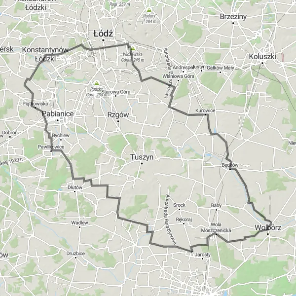 Map miniature of "Wolbórz - Łódź - Wolbórz" cycling inspiration in Łódzkie, Poland. Generated by Tarmacs.app cycling route planner