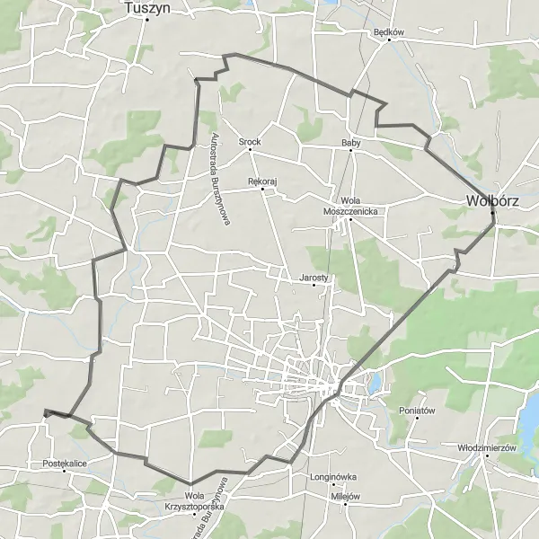 Map miniature of "Scenic Road Cycling Tour to Piotrków Trybunalski" cycling inspiration in Łódzkie, Poland. Generated by Tarmacs.app cycling route planner