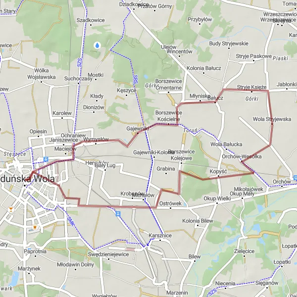 Map miniature of "Gravel Adventure to Bałucz" cycling inspiration in Łódzkie, Poland. Generated by Tarmacs.app cycling route planner