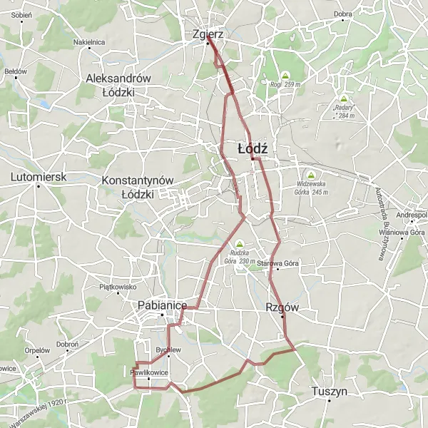 Map miniature of "Łódź and Rzgów Gravel Ride" cycling inspiration in Łódzkie, Poland. Generated by Tarmacs.app cycling route planner