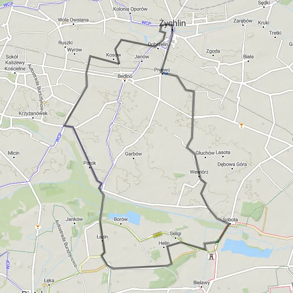 Map miniature of "Charming Villages and Scenic Views" cycling inspiration in Łódzkie, Poland. Generated by Tarmacs.app cycling route planner