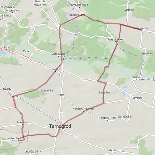 Map miniature of "The Tarnogród Circuit" cycling inspiration in Lubelskie, Poland. Generated by Tarmacs.app cycling route planner