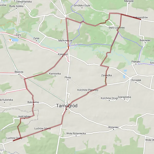 Map miniature of "Gravel Adventure to Księżpol" cycling inspiration in Lubelskie, Poland. Generated by Tarmacs.app cycling route planner