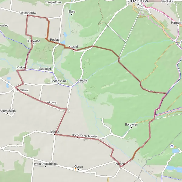 Map miniature of "Aleksandrów Gravel Adventure" cycling inspiration in Lubelskie, Poland. Generated by Tarmacs.app cycling route planner