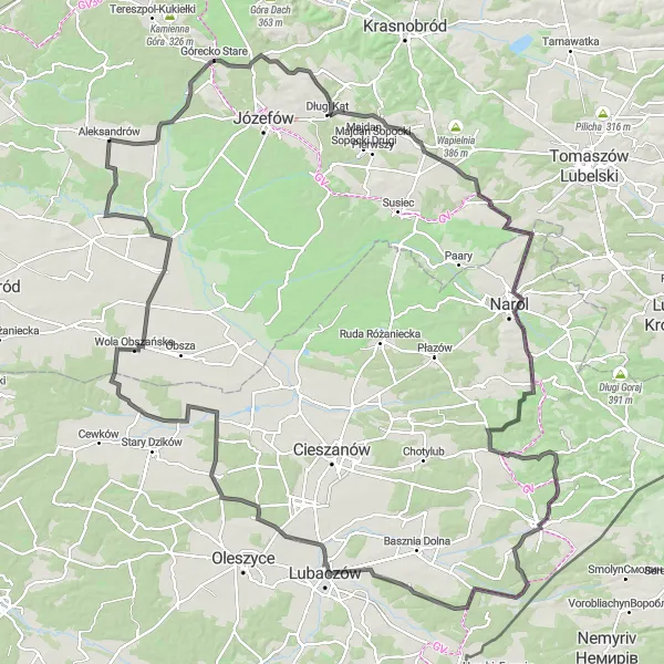 Map miniature of "The Rolling Hills Ride" cycling inspiration in Lubelskie, Poland. Generated by Tarmacs.app cycling route planner